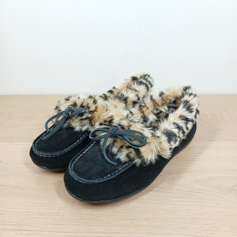 Vionic Juniper Slippers Womens 6 Black Leather Leopard Faux Fur Moccasin